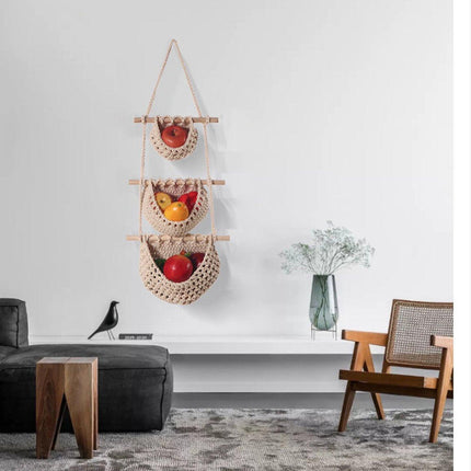 Three-Tier Hanging Fruit and Vegetable Basket - Removable Wall Rack - Hand-Woven Beige Wall Basket - Multifunctional Kitchen Storage Rack - Fruit and Vegetable Storage - Bohemian Home Decor.