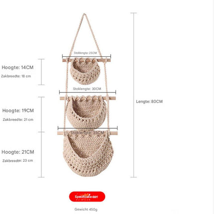 Three-Tier Hanging Fruit and Vegetable Basket - Removable Wall Rack - Hand-Woven Beige Wall Basket - Multifunctional Kitchen Storage Rack - Fruit and Vegetable Storage - Bohemian Home Decor.