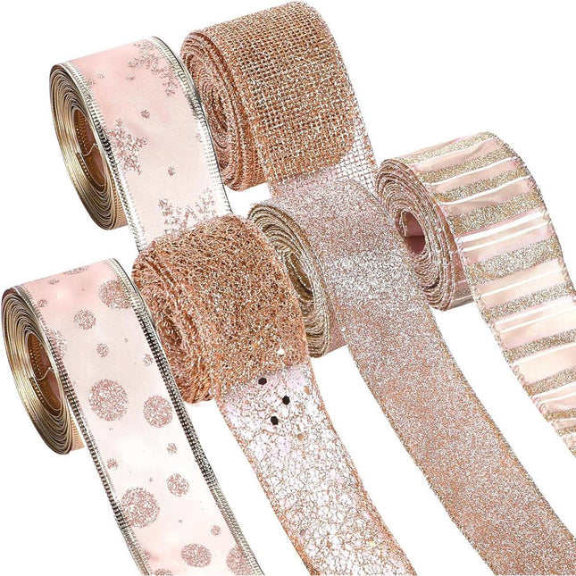 6 Rolls - Sparkling Gold Silk - Suitable for Christmas Trees, Gift Bows, DIY Crafts, Wreaths & Home Decor - 1.5" Wide x 19" Long (Rose Gold).