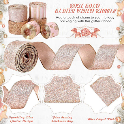 6 Rolls - Sparkling Gold Silk - Suitable for Christmas Trees, Gift Bows, DIY Crafts, Wreaths & Home Decor - 1.5" Wide x 19" Long (Rose Gold).