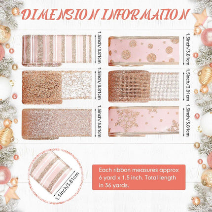 6 Rolls - Sparkling Gold Silk - Suitable for Christmas Trees, Gift Bows, DIY Crafts, Wreaths & Home Decor - 1.5" Wide x 19" Long (Rose Gold).