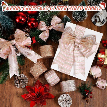 6 Rolls - Sparkling Gold Silk - Suitable for Christmas Trees, Gift Bows, DIY Crafts, Wreaths & Home Decor - 1.5" Wide x 19" Long (Rose Gold).