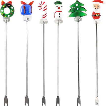 Creative Christmas Fruit Forks, Stainless Steel - Hand-Glazed Cartoon Fruit Picks with Double Prongs - Santa Claus - Christmas Tree - Fruit Fork Set (Set of 6).
