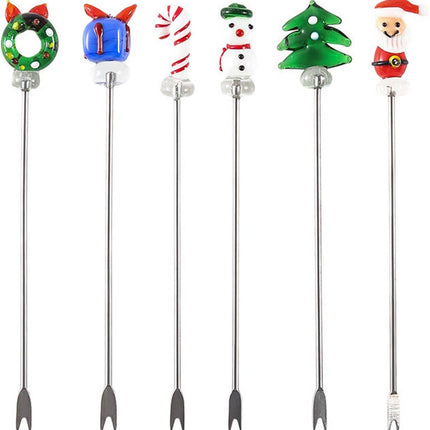Creative Christmas Fruit Forks, Stainless Steel - Hand-Glazed Cartoon Fruit Picks with Double Prongs - Santa Claus - Christmas Tree - Fruit Fork Set (Set of 6).
