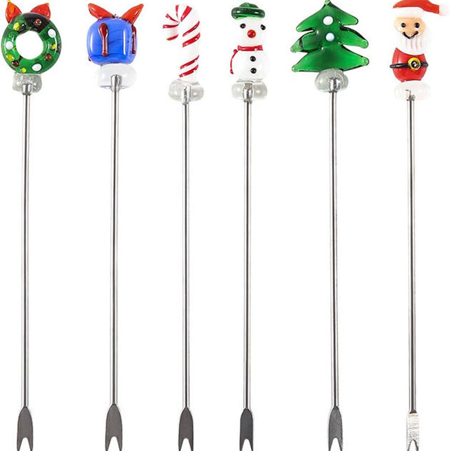 Creative Christmas Fruit Forks, Stainless Steel - Hand-Glazed Cartoon Fruit Picks with Double Prongs - Santa Claus - Christmas Tree - Fruit Fork Set (Set of 6).