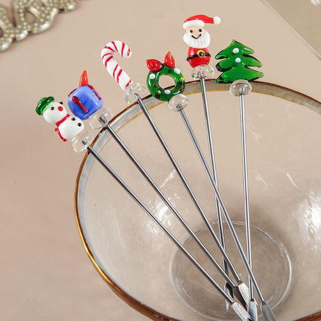 Creative Christmas Fruit Forks, Stainless Steel - Hand-Glazed Cartoon Fruit Picks with Double Prongs - Santa Claus - Christmas Tree - Fruit Fork Set (Set of 6).