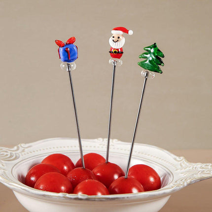 Creative Christmas Fruit Forks, Stainless Steel - Hand-Glazed Cartoon Fruit Picks with Double Prongs - Santa Claus - Christmas Tree - Fruit Fork Set (Set of 6).