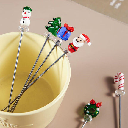 Creative Christmas Fruit Forks, Stainless Steel - Hand-Glazed Cartoon Fruit Picks with Double Prongs - Santa Claus - Christmas Tree - Fruit Fork Set (Set of 6).
