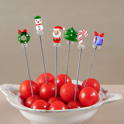 Creative Christmas Fruit Forks, Stainless Steel - Hand-Glazed Cartoon Fruit Picks with Double Prongs - Santa Claus - Christmas Tree - Fruit Fork Set (Set of 6).