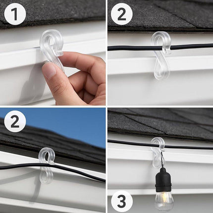 Hooks - Groove Hooks - 50 pieces - 3.5 cm - Transparent - Reusable plastic - Mini S-shaped design - Groove clips for outdoor lighting - Holds Christmas decorations securely.