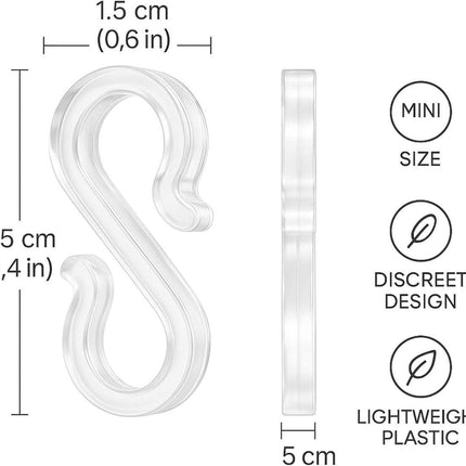 Hooks - Groove Hooks - 50 pieces - 3.5 cm - Transparent - Reusable plastic - Mini S-shaped design - Groove clips for outdoor lighting - Holds Christmas decorations securely.