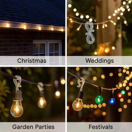Hooks - Groove Hooks - 50 pieces - 3.5 cm - Transparent - Reusable plastic - Mini S-shaped design - Groove clips for outdoor lighting - Holds Christmas decorations securely.