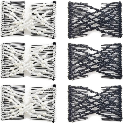 6-Pack Pearl Hair Combs - Elastic Magic Hairpins - Hair Clamps - Hair Clip - Black & White - For All Hair Types.