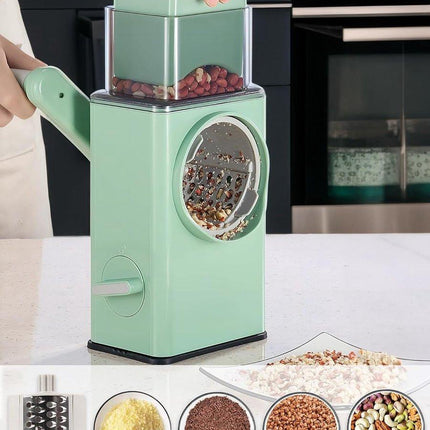 Rotating Cheese Grater with 3 Blades & Collection Tray - Multifunctional Cheese Grater - Includes Suction Cup for Stable Use - For Cheese, Vegetables & Nuts.