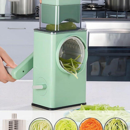 Rotating Cheese Grater with 3 Blades & Collection Tray - Multifunctional Cheese Grater - Includes Suction Cup for Stable Use - For Cheese, Vegetables & Nuts.