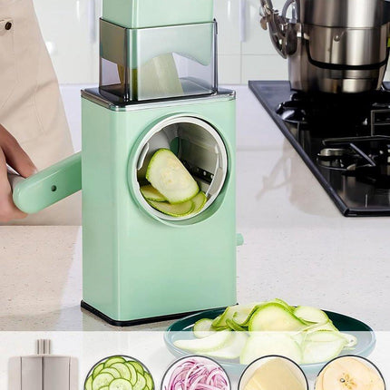 Rotating Cheese Grater with 3 Blades & Collection Tray - Multifunctional Cheese Grater - Includes Suction Cup for Stable Use - For Cheese, Vegetables & Nuts.