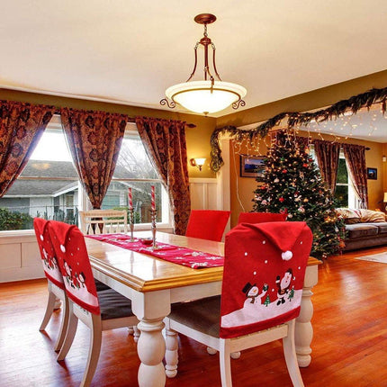 Chair Covers (4 Pieces) - Dining Chair Cover - Sofa Cover - Chair Covers - Christmas Chair Covers - Santa Claus and Snowman Red Hat Christmas Chair Back Cover Set - Perfect for Christmas Holiday Dining Table and Chair Decorations - Home Kitchen Party Deco.