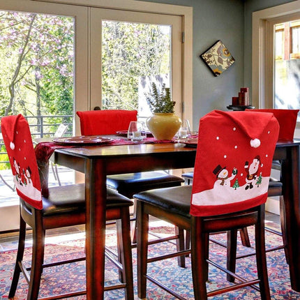Chair Covers (4 Pieces) - Dining Chair Cover - Sofa Cover - Chair Covers - Christmas Chair Covers - Santa Claus and Snowman Red Hat Christmas Chair Back Cover Set - Perfect for Christmas Holiday Dining Table and Chair Decorations - Home Kitchen Party Deco.