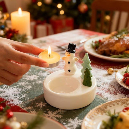 1 Piece - Ceramic Tea Light Holder - Desk Decoration - Snowman Candle Holder - Dining Table Ornament - Farmhouse Winter Decoration (Style 1).