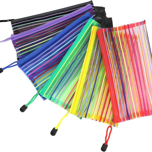 Storage Bags - Set of 6 - Pencil Case - 6 different colored mesh pockets with zipper - Nylon pencil case - 23x12 cm.