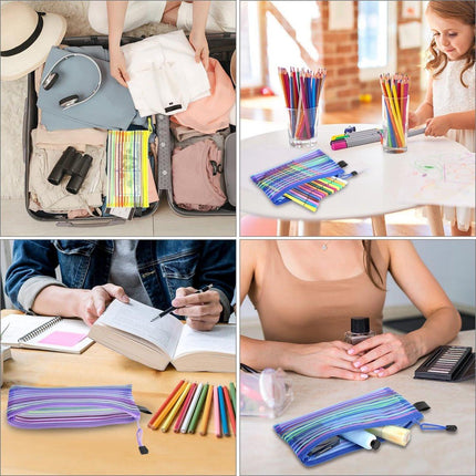 Storage Bags - Set of 6 - Pencil Case - 6 different colored mesh pockets with zipper - Nylon pencil case - 23x12 cm.