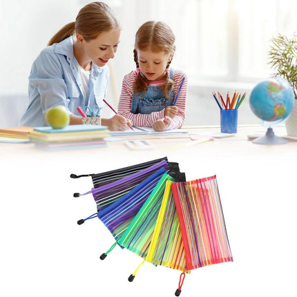 Storage Bags - Set of 6 - Pencil Case - 6 different colored mesh pockets with zipper - Nylon pencil case - 23x12 cm.