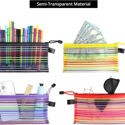 Storage Bags - Set of 6 - Pencil Case - 6 different colored mesh pockets with zipper - Nylon pencil case - 23x12 cm.