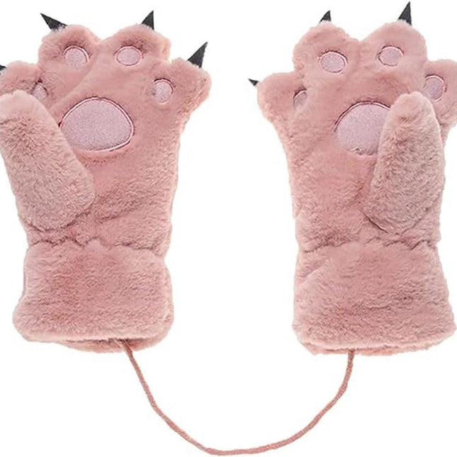 Gloves - 1 pair - Winter gloves - Cartoon gloves - Neckband - Children's gloves - Warm gloves - Plush gloves - One size（Pink）.