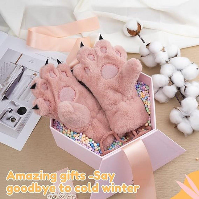 Gloves - 1 pair - Winter gloves - Cartoon gloves - Neckband - Children's gloves - Warm gloves - Plush gloves - One size（Pink）.