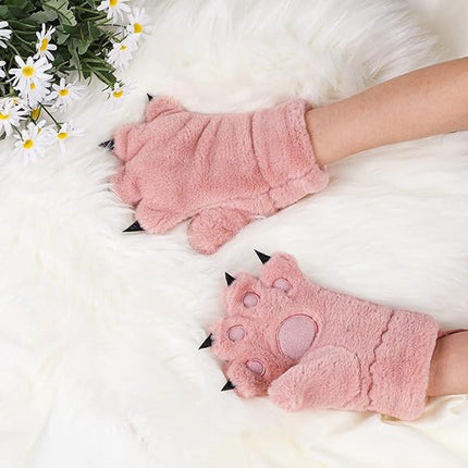 Gloves - 1 pair - Winter gloves - Cartoon gloves - Neckband - Children's gloves - Warm gloves - Plush gloves - One size（Pink）.
