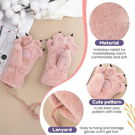 Gloves - 1 pair - Winter gloves - Cartoon gloves - Neckband - Children's gloves - Warm gloves - Plush gloves - One size（Pink）.