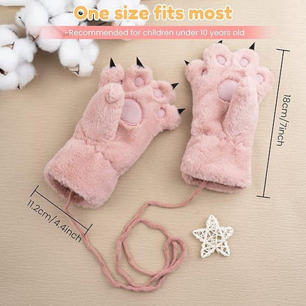 Gloves - 1 pair - Winter gloves - Cartoon gloves - Neckband - Children's gloves - Warm gloves - Plush gloves - One size（Pink）.