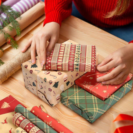 Gift Wrapping Paper - 6 sheets of kraft paper 70x50 cm - Complete set (straw, double-sided tape, stickers) - Gift wrapping paper set for birthdays, weddings and Christmas.