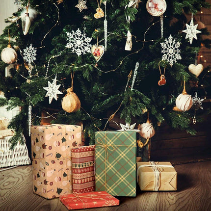 Gift Wrapping Paper - 6 sheets of kraft paper 70x50 cm - Complete set (straw, double-sided tape, stickers) - Gift wrapping paper set for birthdays, weddings and Christmas.