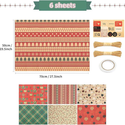 Gift Wrapping Paper - 6 sheets of kraft paper 70x50 cm - Complete set (straw, double-sided tape, stickers) - Gift wrapping paper set for birthdays, weddings and Christmas.