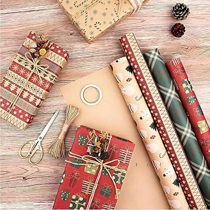 Gift Wrapping Paper - 6 sheets of kraft paper 70x50 cm - Complete set (straw, double-sided tape, stickers) - Gift wrapping paper set for birthdays, weddings and Christmas.