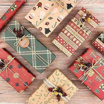 Gift Wrapping Paper - 6 sheets of kraft paper 70x50 cm - Complete set (straw, double-sided tape, stickers) - Gift wrapping paper set for birthdays, weddings and Christmas.