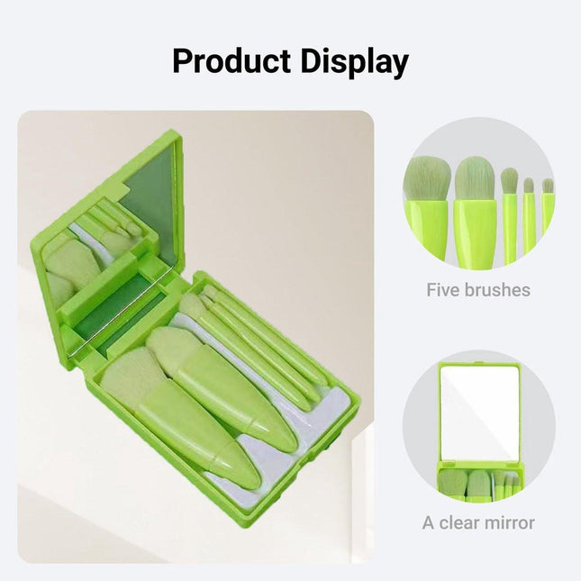 Makeup Brush Set - 5-Pack - Portable - Travel Makeup Brush Set with Mirror Case - Professional Foundation Brush, Eyeshadow Brush, and Blending Brush for Women - Green.