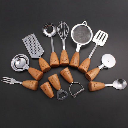 Kitchen Utensil Set - 12 Piece - Includes a peeler, egg separator, spoon, fork, pizza cutter, bottle opener, spatula, slotted spoon, grater, soup ladle, whisk and toothpick holder - The perfect gift for a housewife..