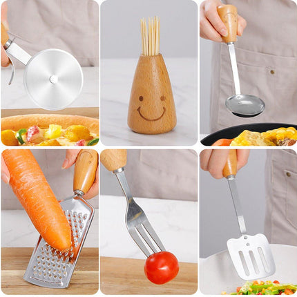 Kitchen Utensil Set - 12 Piece - Includes a peeler, egg separator, spoon, fork, pizza cutter, bottle opener, spatula, slotted spoon, grater, soup ladle, whisk and toothpick holder - The perfect gift for a housewife..
