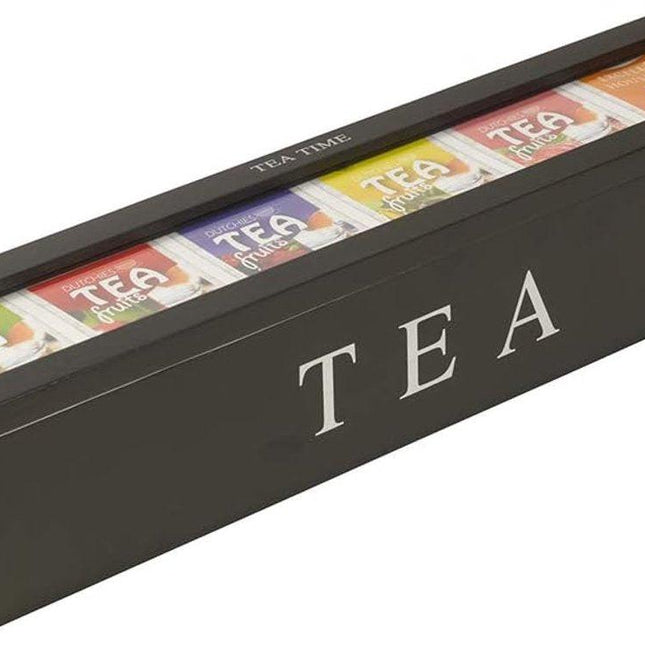 Tea Box - Tea Box 6 Compartments - Wooden Tea Box - Suitable for Loose Tea - 43 × 9 × 8.7 cm - Black.