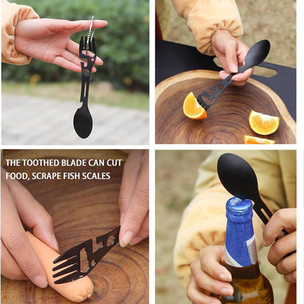 Stainless Steel Spoon and Fork - 10-in-1 Multitool - Works as a combination spoon, fork, knife, bottle opener and wrench - Ideal for picnics, travel, backpacking, hiking and fishing - Black.