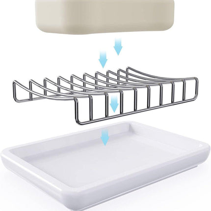 Soap Dish - Soap Holder - Double-Layer Ceramic Soap Dish - Bathroom Soap Dish Made of 304 Stainless Steel - Self-Draining Soap Holder - Suitable for Bathrooms, Kitchens and Travel..