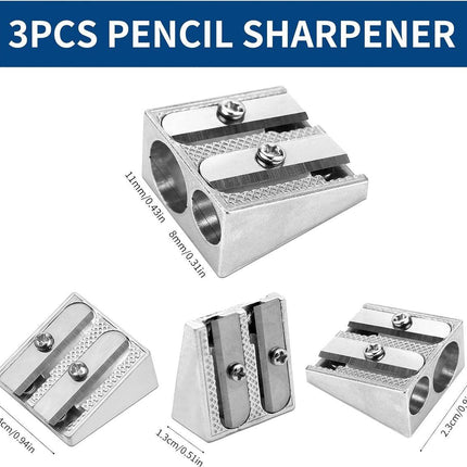 Set of 3 Metal Pencil Sharpeners - Suitable for Children - Colored Pencils - Cosmetics - Lip Liner and Eyeliner - Home - School & Office Supplies.