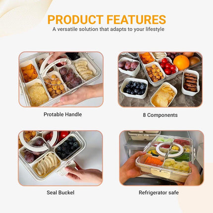 Snack Boxes - Divided trays with lids and handles - Transparent snack boxes for fruit, snacks, sweets and nuts - Ideal for parties and picnics (pack of 2).
