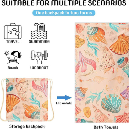 Beach Towel - 2-in-1 Foldable Beach Towel Backpack - Printed Bath Towel - Convertible Beach Mat & Carry Bag - Perfect Companion for Camping, Yoga & Travel（Shell）.