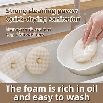 Double-Sided Dishwashing Brush - Sponge Brush with Suction Cup - 1 Base + 2 Refillable Sponges - Scratch-Free Kitchen Brush - Beige.
