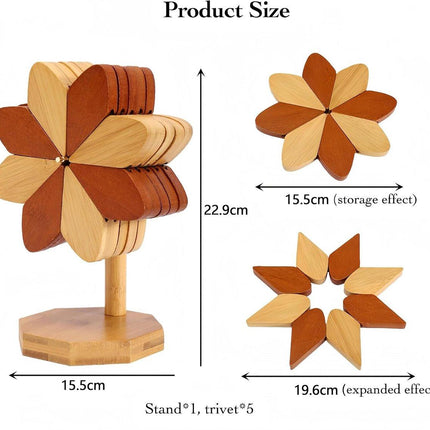 Coasters - Heat-insulating coasters - Wooden heat-insulating bowl mats - Set of coasters with floral motif - including stand - 5-piece set - Brown and natural bamboo.