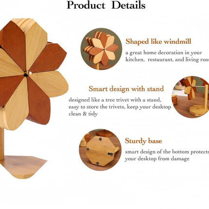 Coasters - Heat-insulating coasters - Wooden heat-insulating bowl mats - Set of coasters with floral motif - including stand - 5-piece set - Brown and natural bamboo.