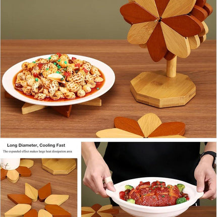 Coasters - Heat-insulating coasters - Wooden heat-insulating bowl mats - Set of coasters with floral motif - including stand - 5-piece set - Brown and natural bamboo.
